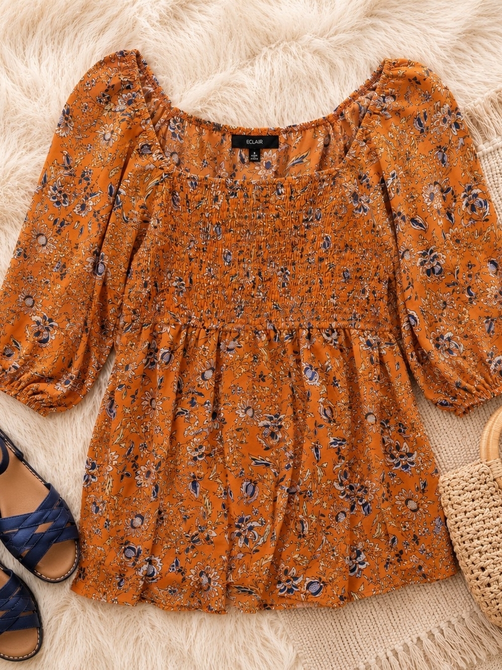 Eclair Orange Floral Smocked Boho Blouse L